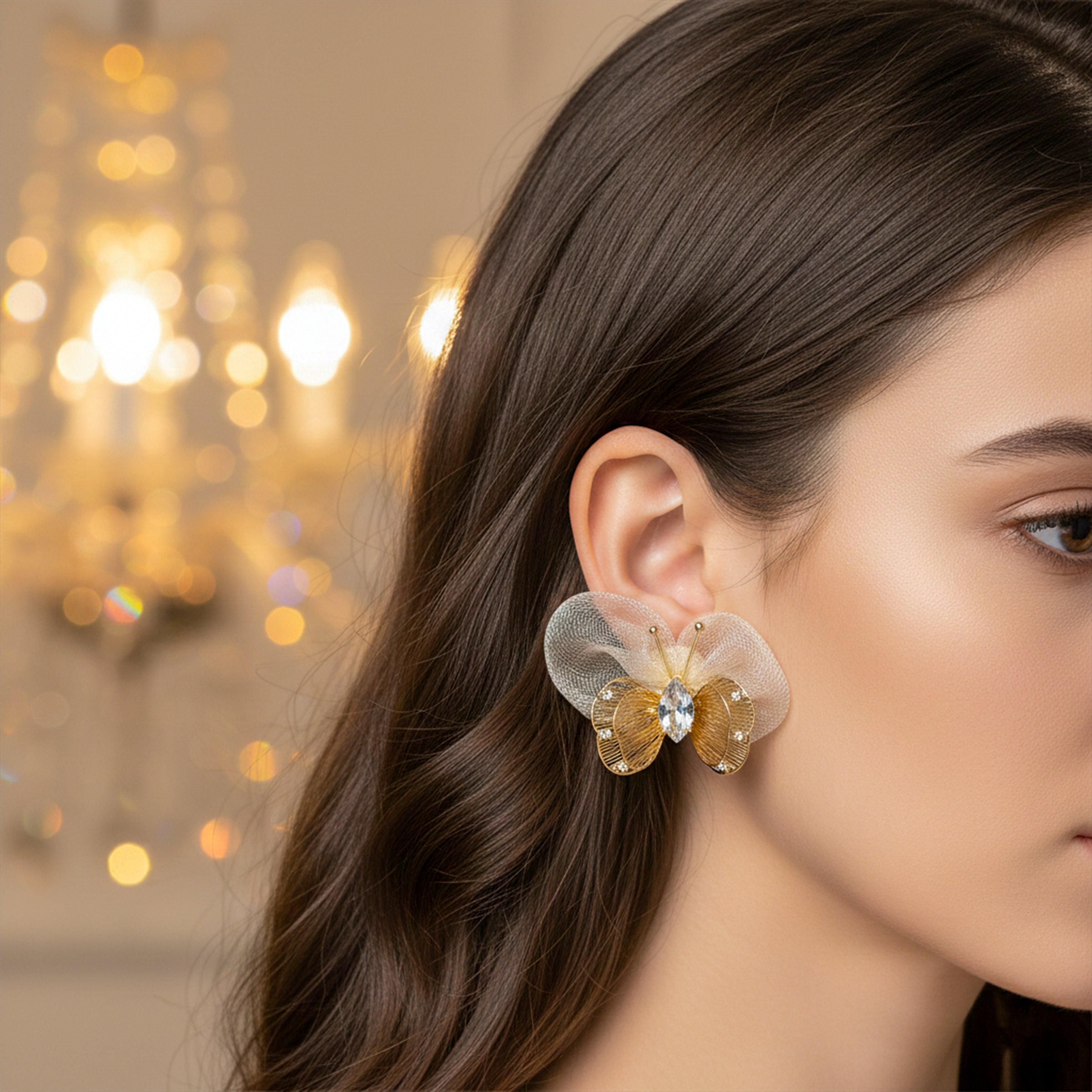 Butterfly Mesh Stud Earrings with Crystal Accent GWE -170