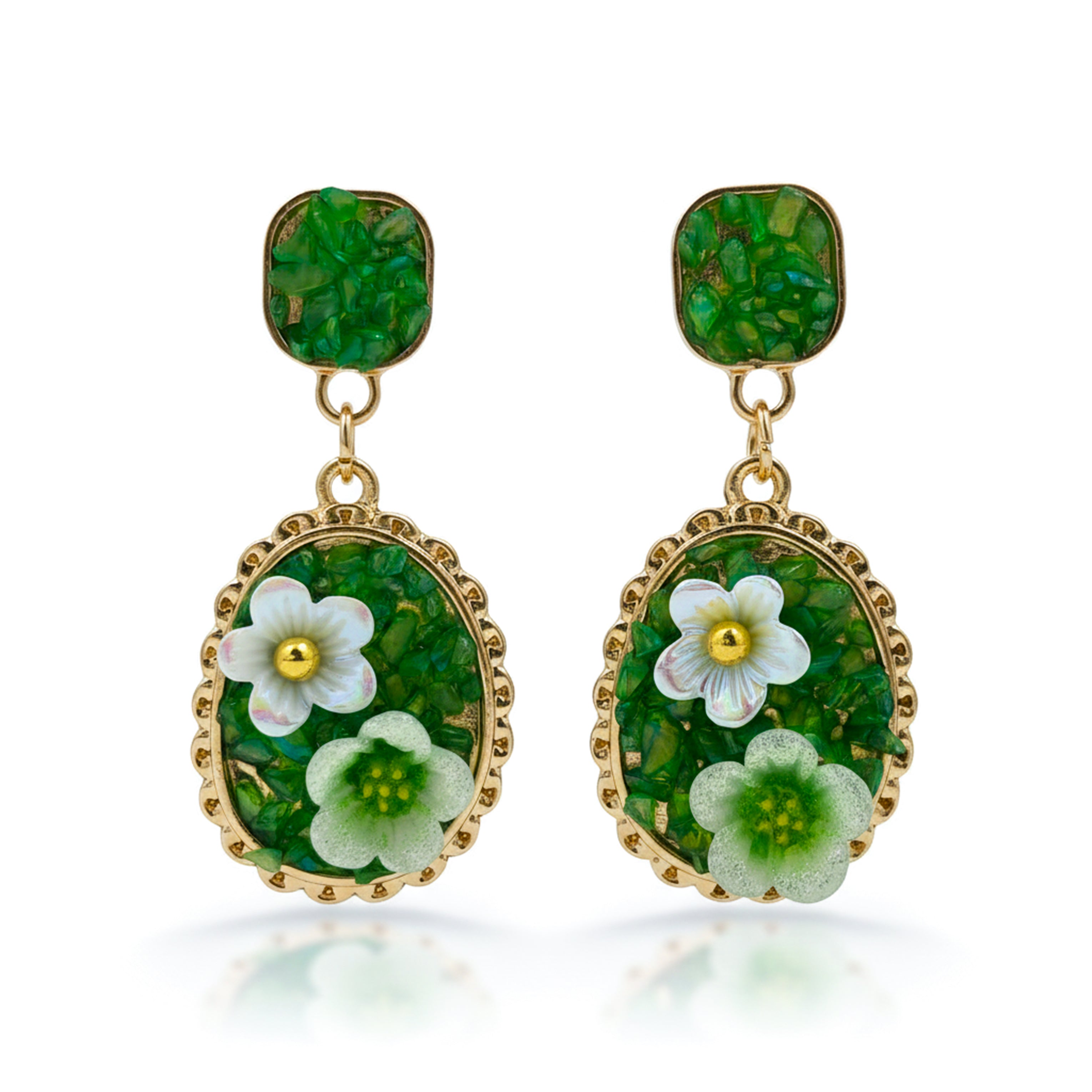 Green Floral Oval Drop Earrings GWE -205