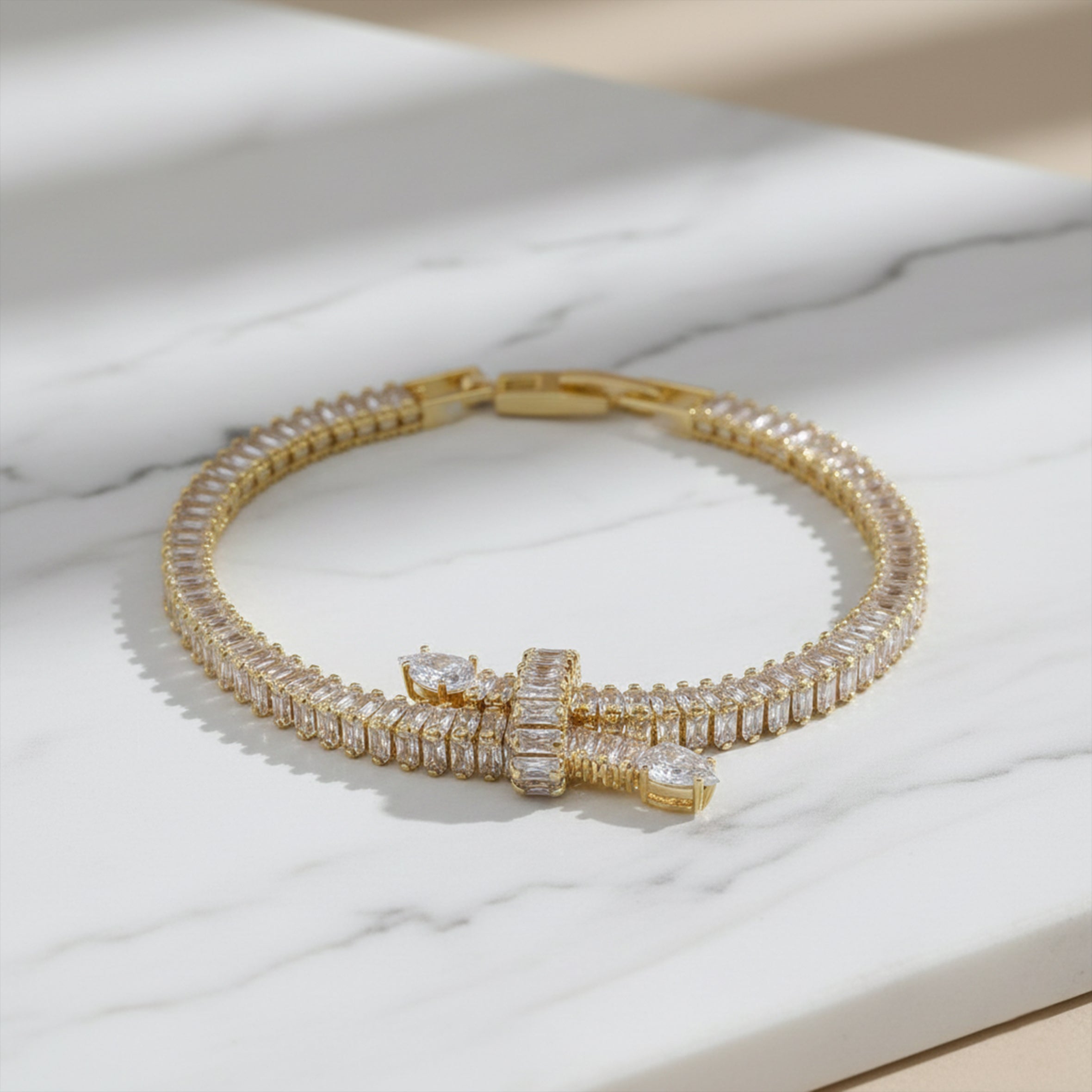 Golden Baguette Bow Tennis Bracelet GWB -127