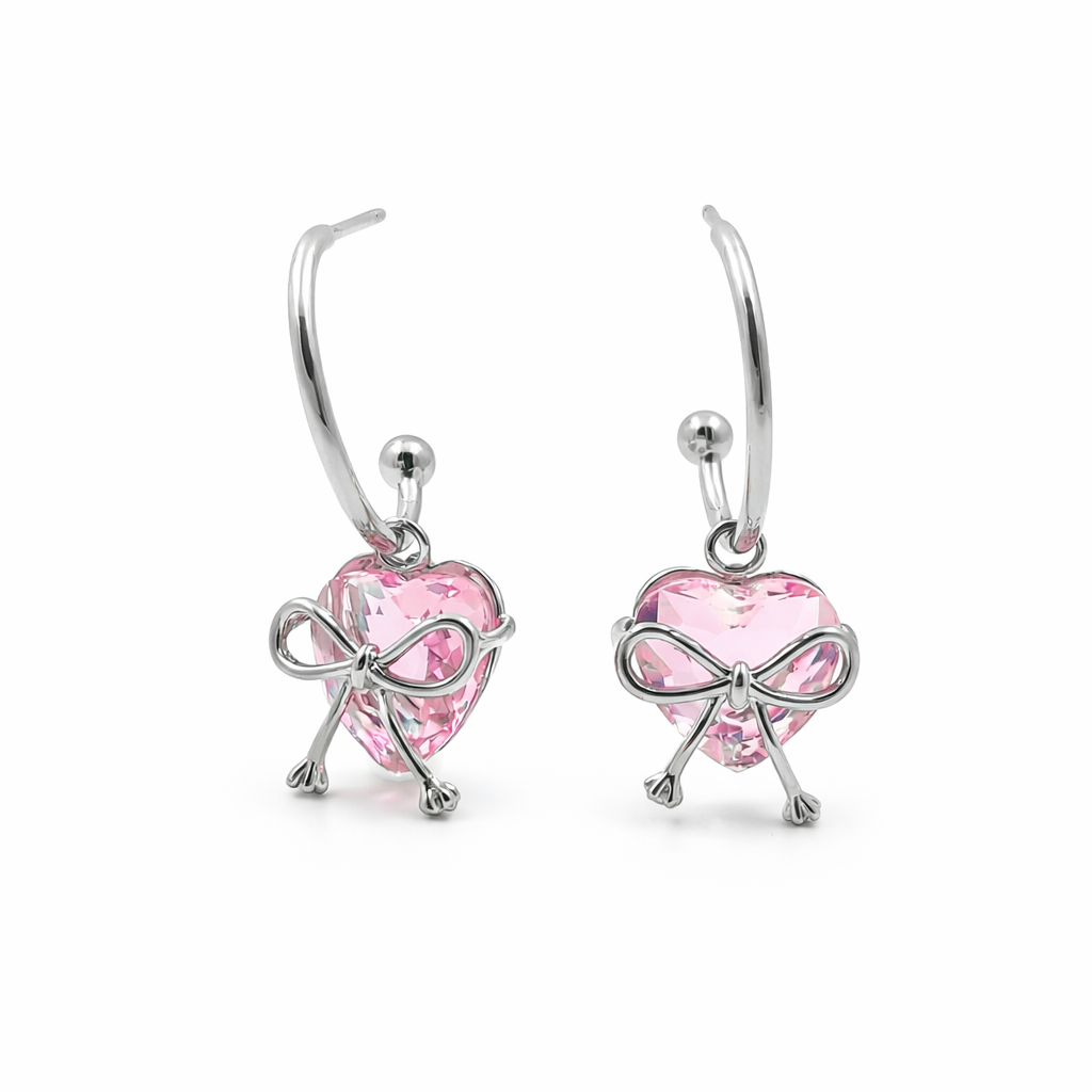 Silver Pink Heart Bow Hoop Earrings GWE -90